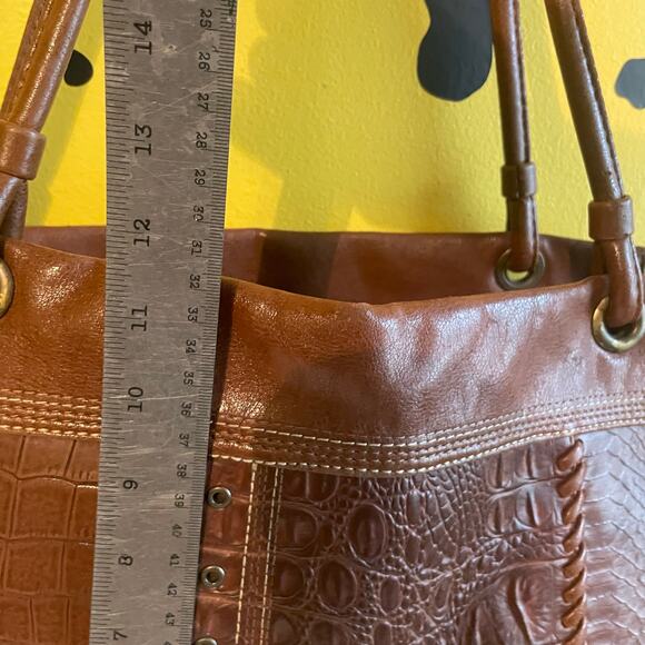Vintage Brown Patchwork Faux Leather Tote | Boho Croc & Snake Texture Bag - Picture 5 of 9